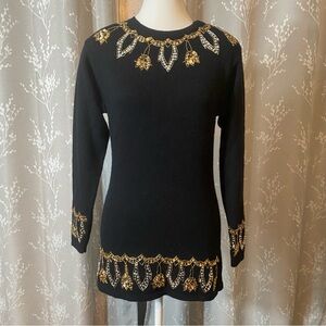 Vintage 80s Lambswool Angora Embellished Black Sweater Tunic Baroque Holiday • M